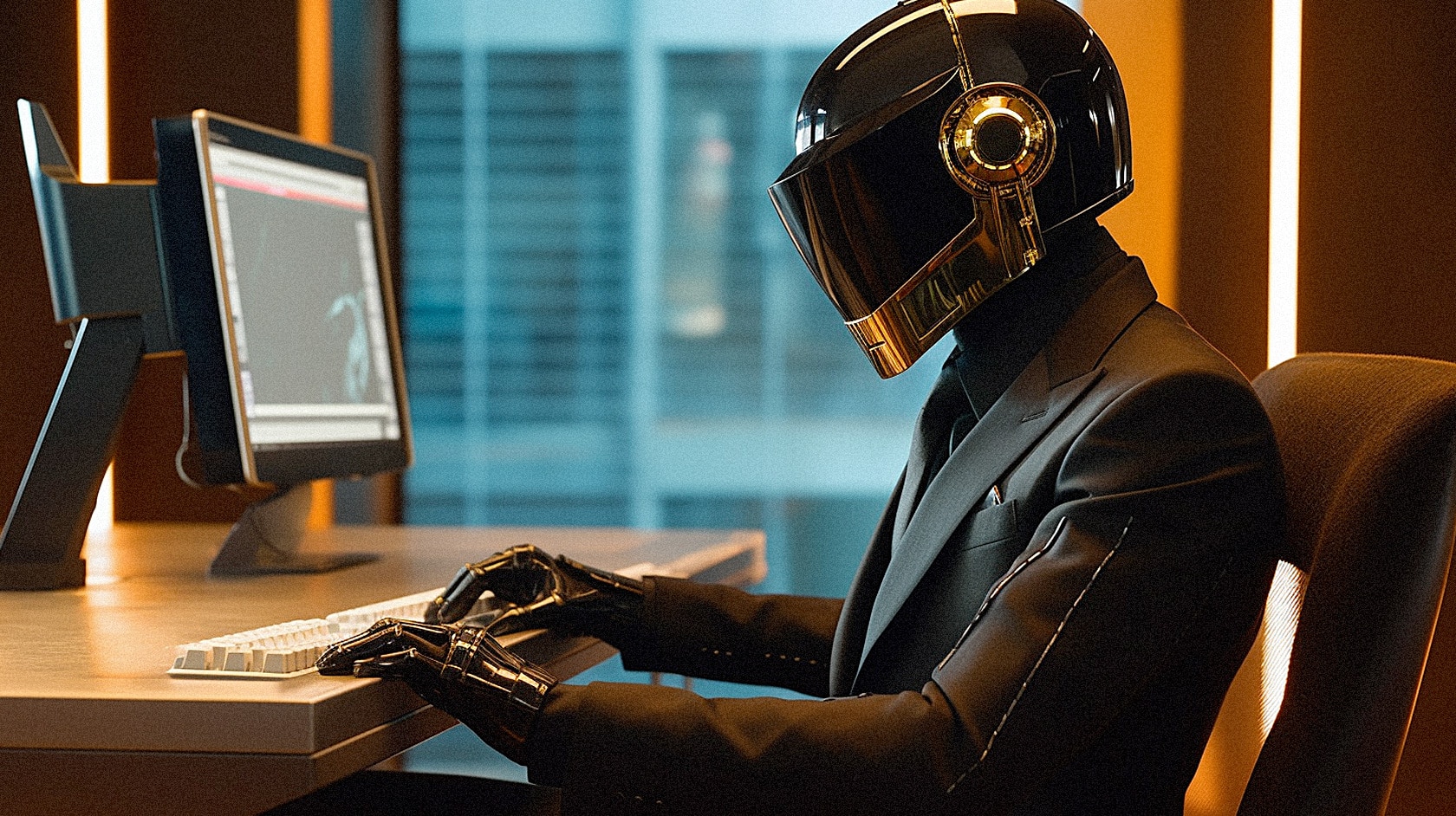 Android businessman in a black suit sitting in an office typing on a computer